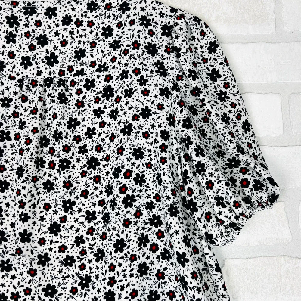 Zara Womens Floral Wrap Top White Black Red Ditsy Puff Sleeve Blouse Medium
